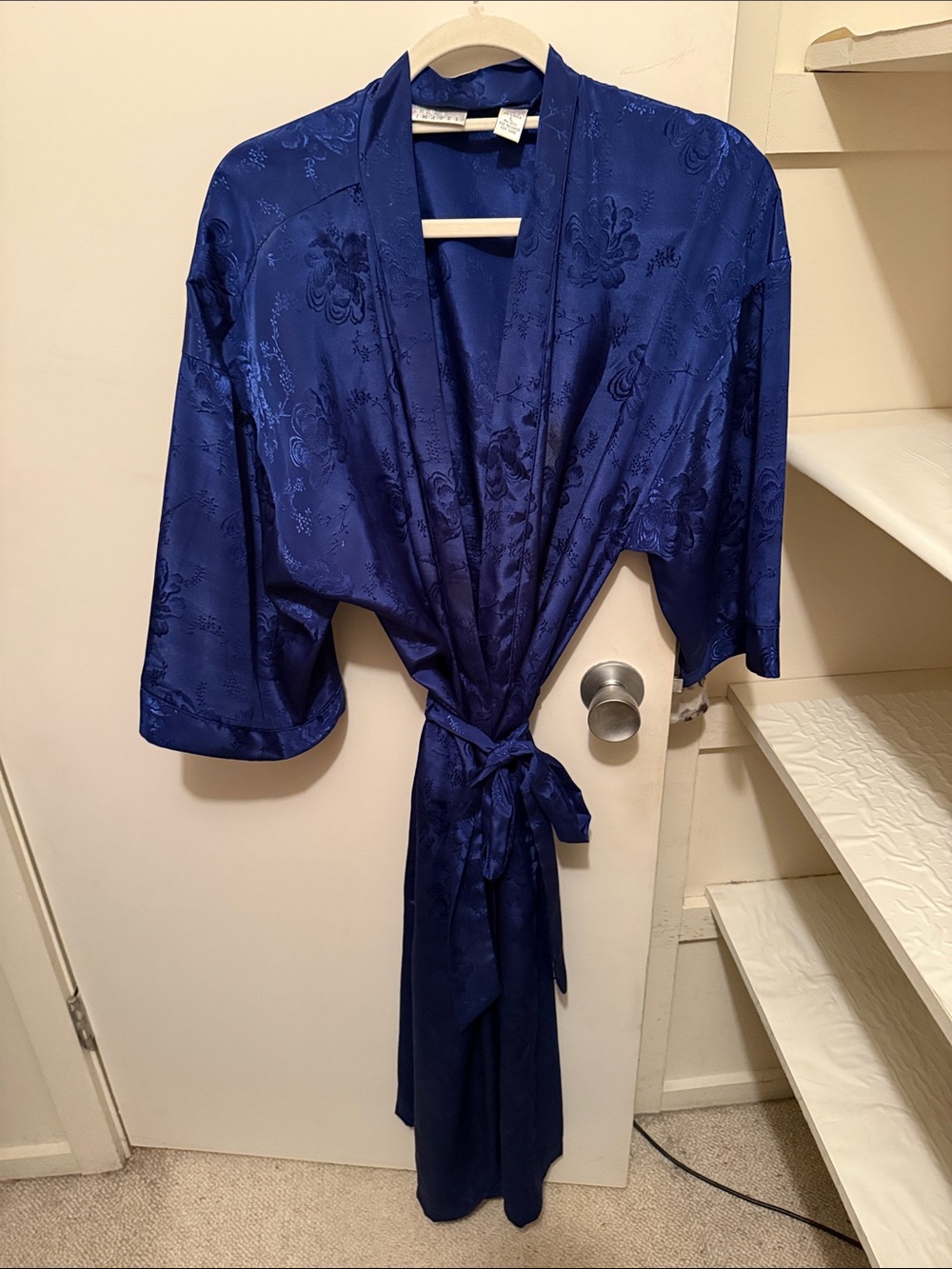 Silky Floral Kimono Robe in Royal Blue - Elegant Draped Wrap